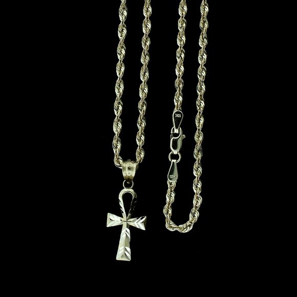 10K Real Gold Rope Chain and Ankh Cross Pendant Set - Picture 1 of 9